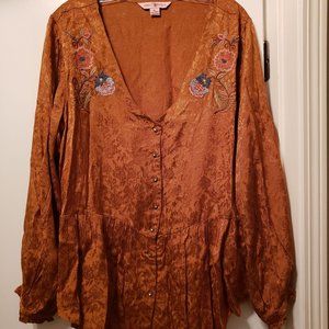 Gorgeous Rich Golden-Brown April Cornell XL Peplum Top w/embroidery